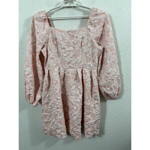 Shein Dress Womens Large Pink Babydoll Mini Floral Textured Puff Sleeve